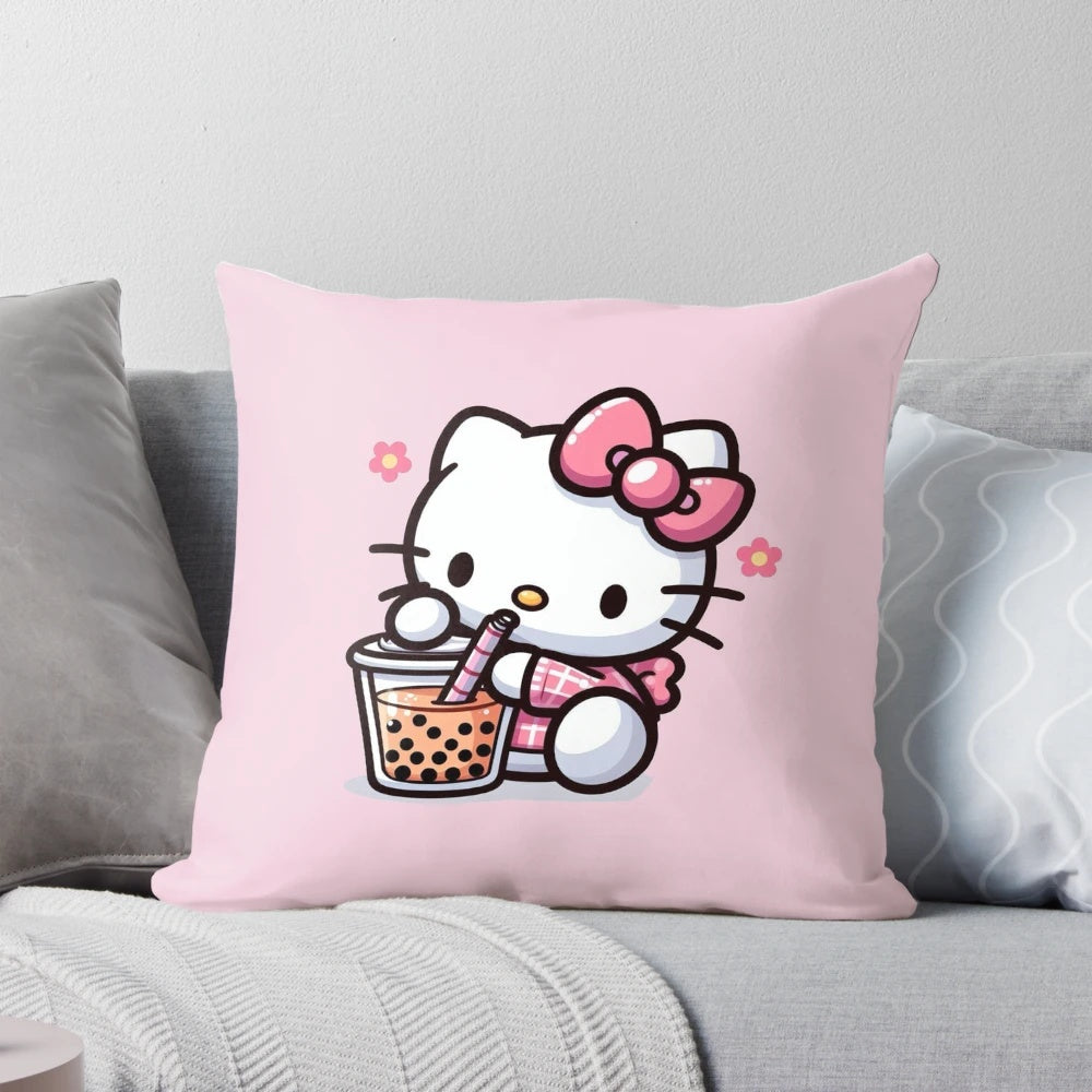 Soft, cuddly Hello Kitty plush pillow in a kawaii design with boba tea and flower accents