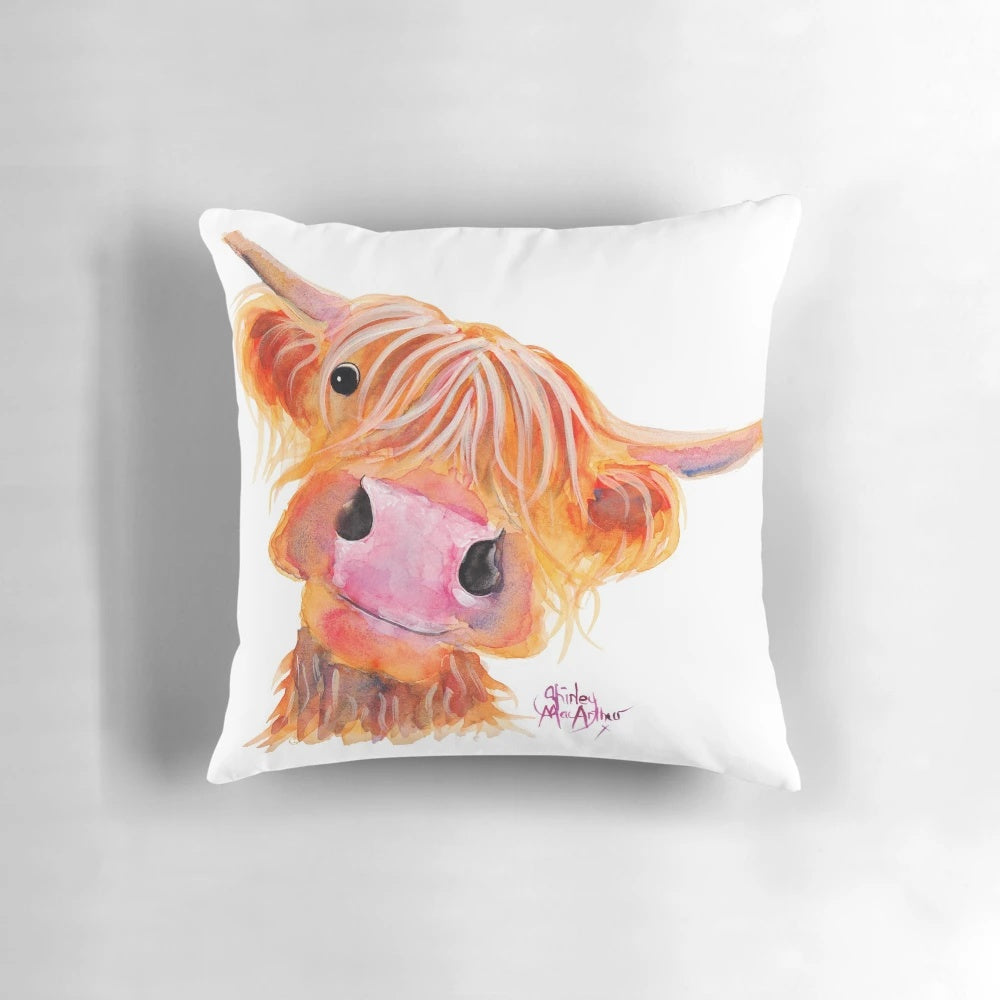Cozy highland cow 'Nessie' throw pillow featuring a colorful original painting by Shirley MacArthur.