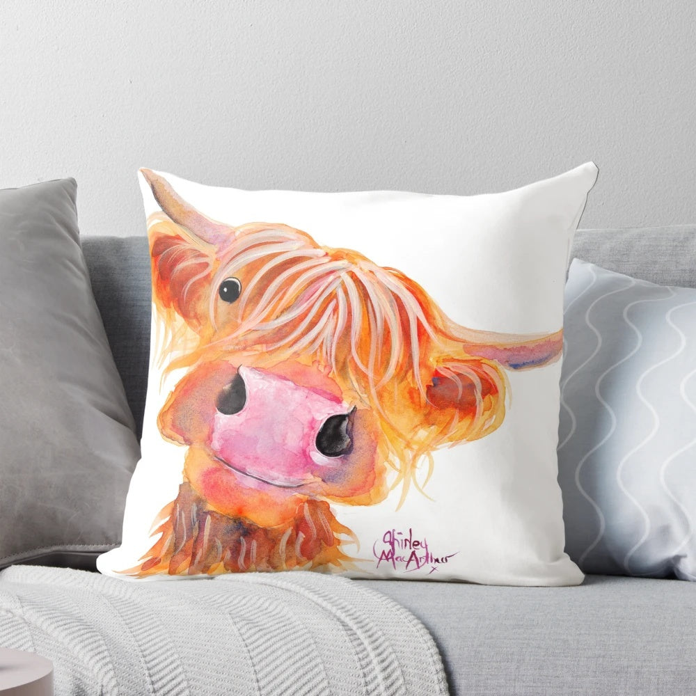 Cozy highland cow 'Nessie' throw pillow featuring a colorful original painting by Shirley MacArthur.