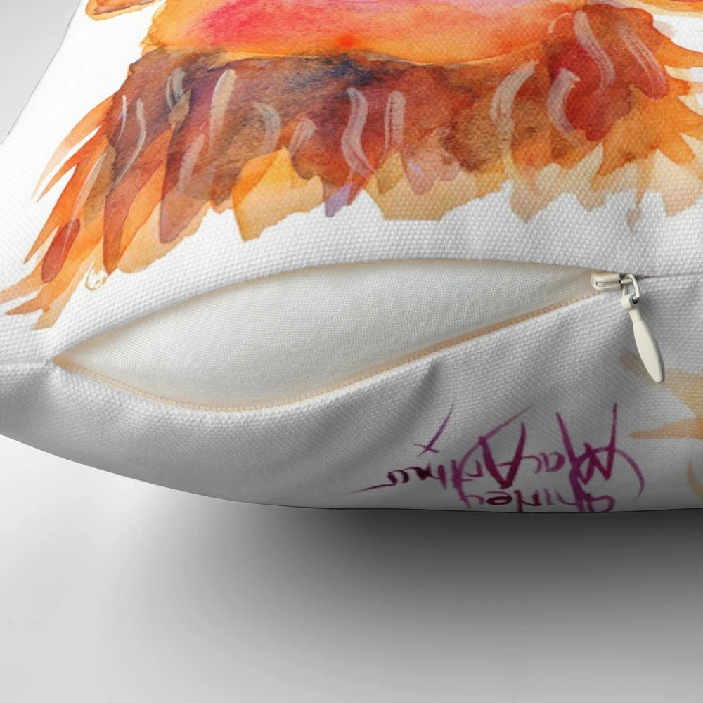 Cozy highland cow 'Nessie' throw pillow featuring a colorful original painting by Shirley MacArthur.