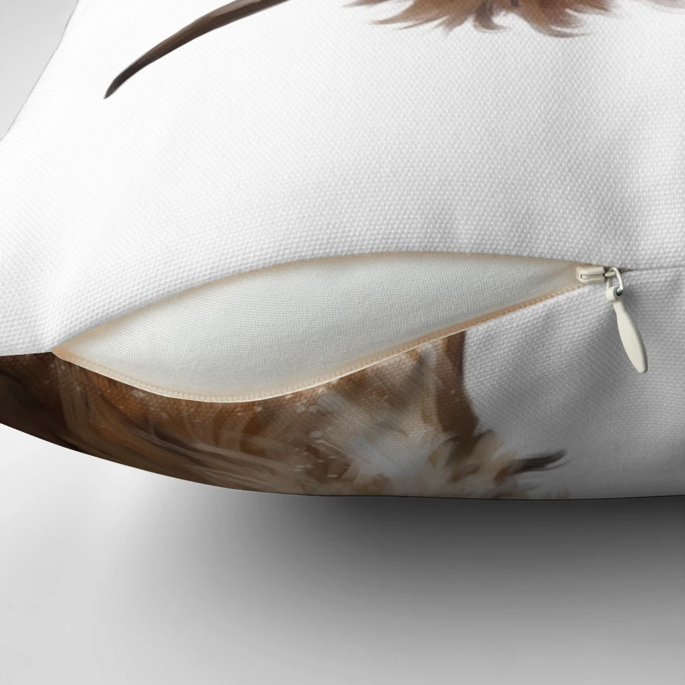 Soft, plush pillow featuring a playful highland cow with a big nose
