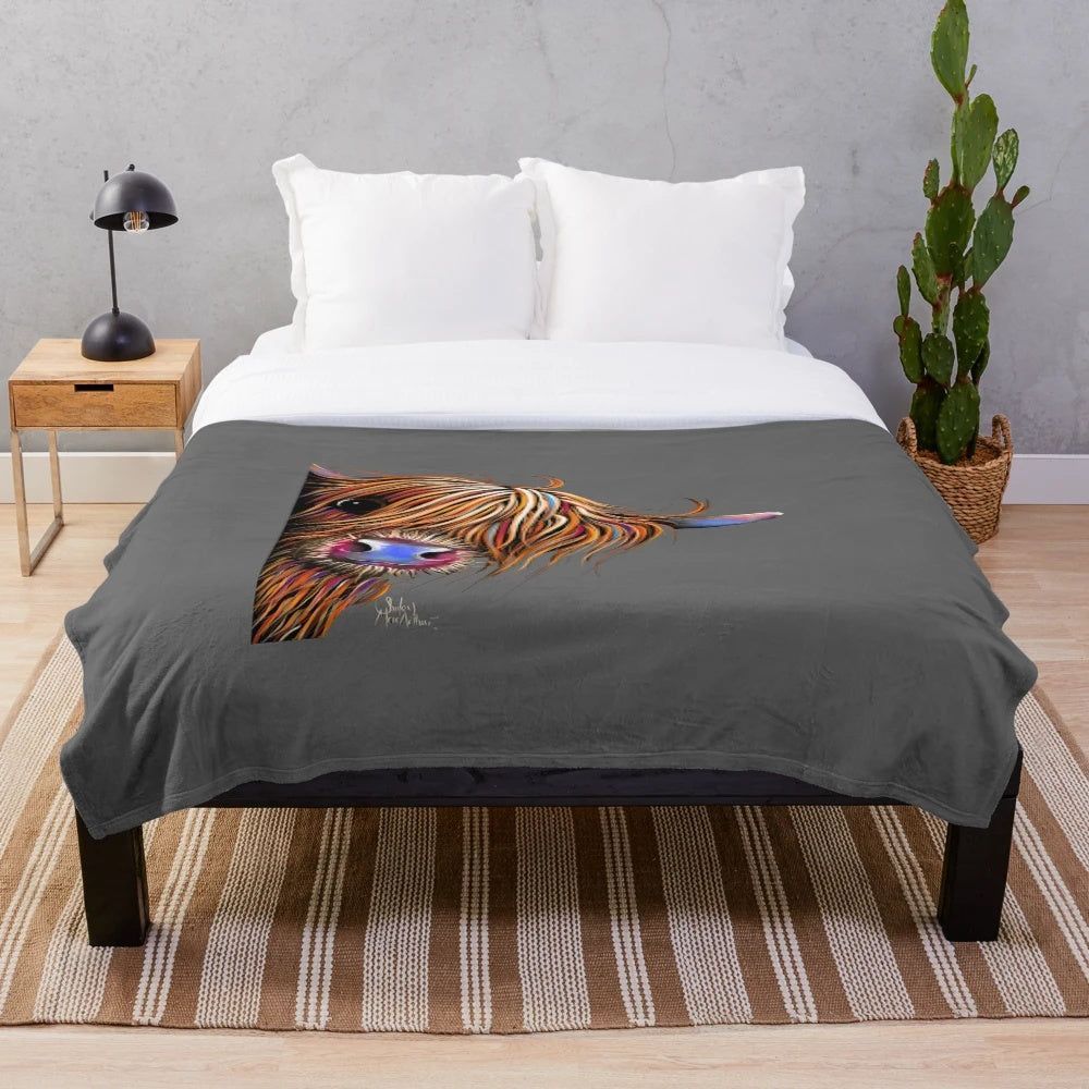 Gray plush blanket featuring a highland cow painting by artist Shirley MacArthur