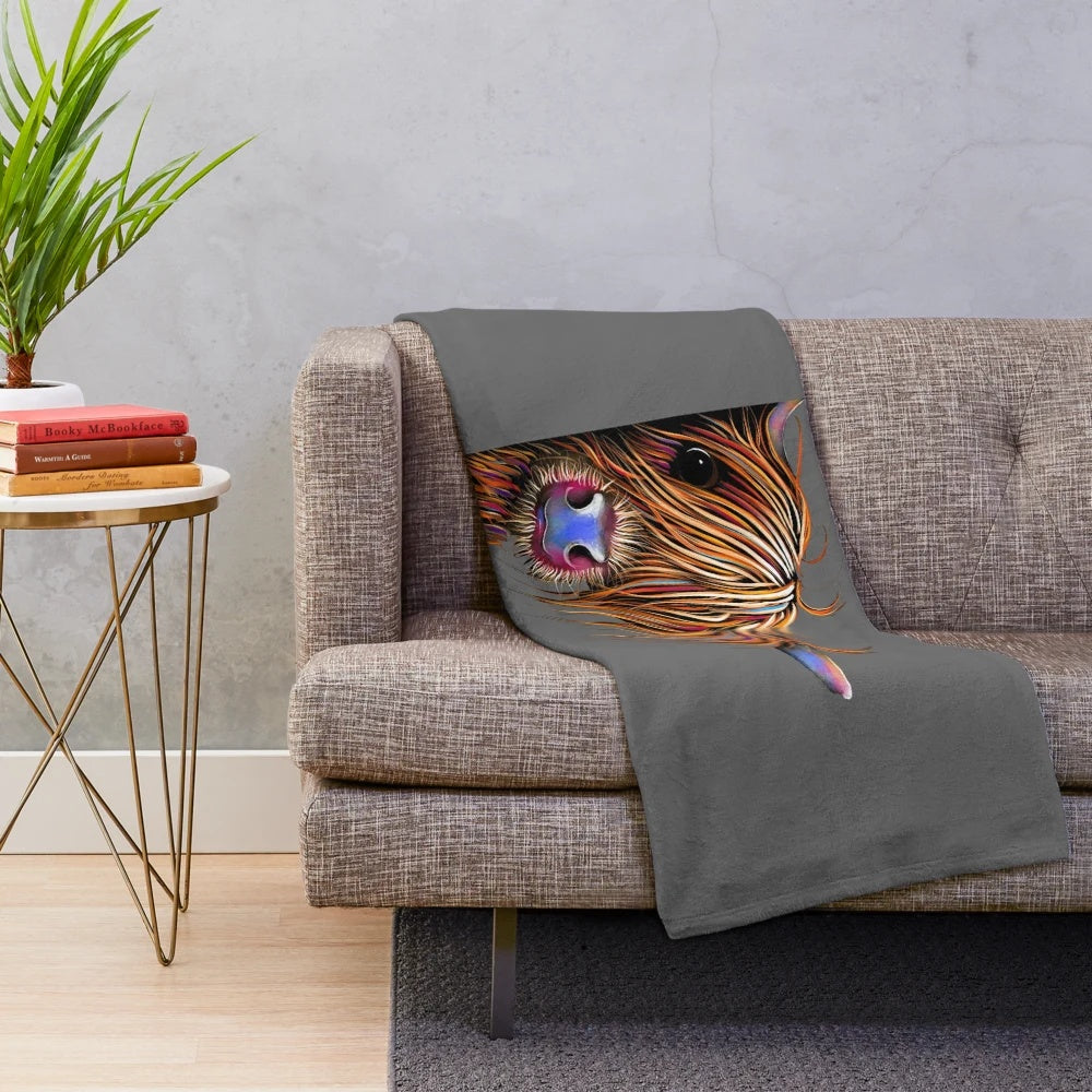 Gray plush blanket featuring a highland cow painting by artist Shirley MacArthur