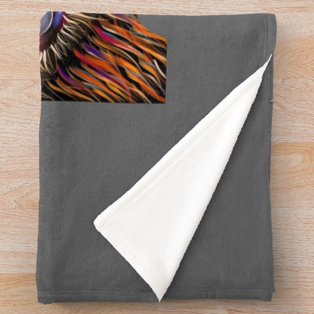 Gray plush blanket featuring a highland cow painting by artist Shirley MacArthur