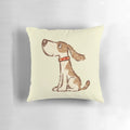 Cute cartoon-style hound dog sitting on a plush, comfortable pillow