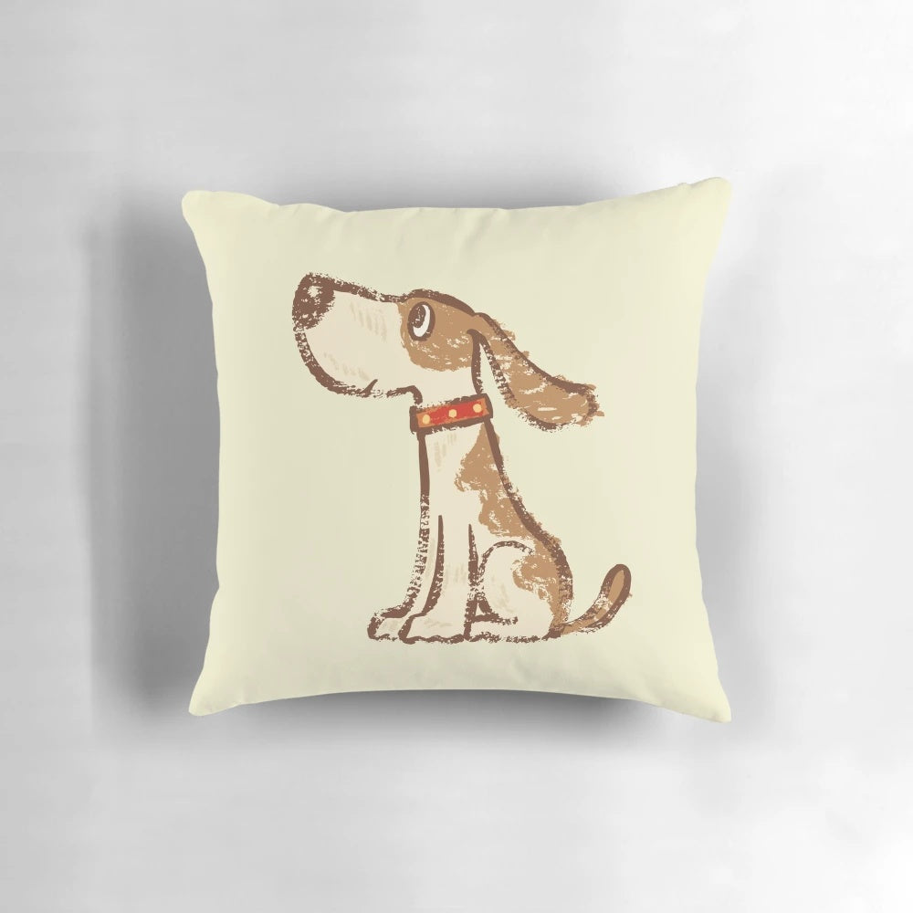 Cute cartoon-style hound dog sitting on a plush, comfortable pillow