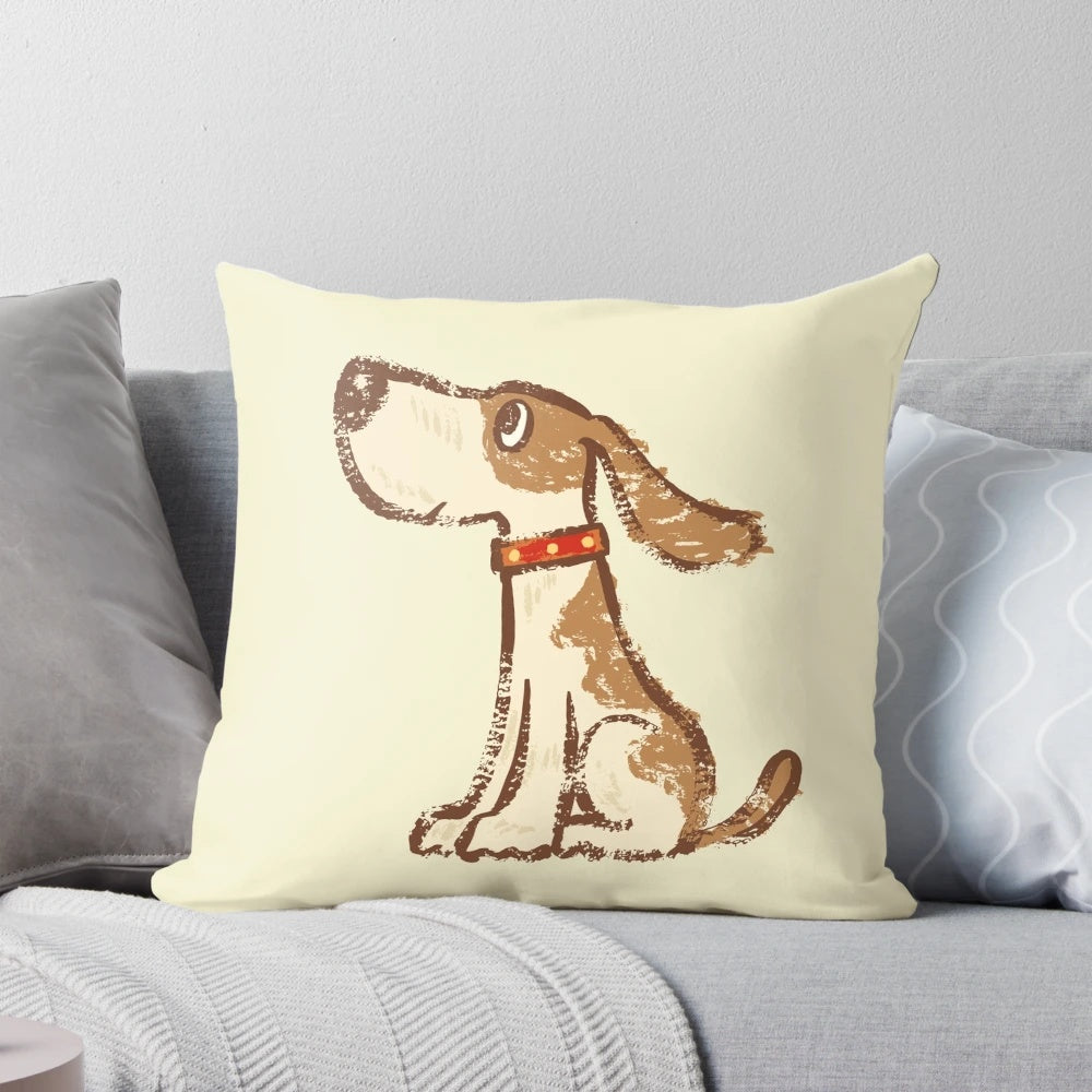Cute cartoon-style hound dog sitting on a plush, comfortable pillow