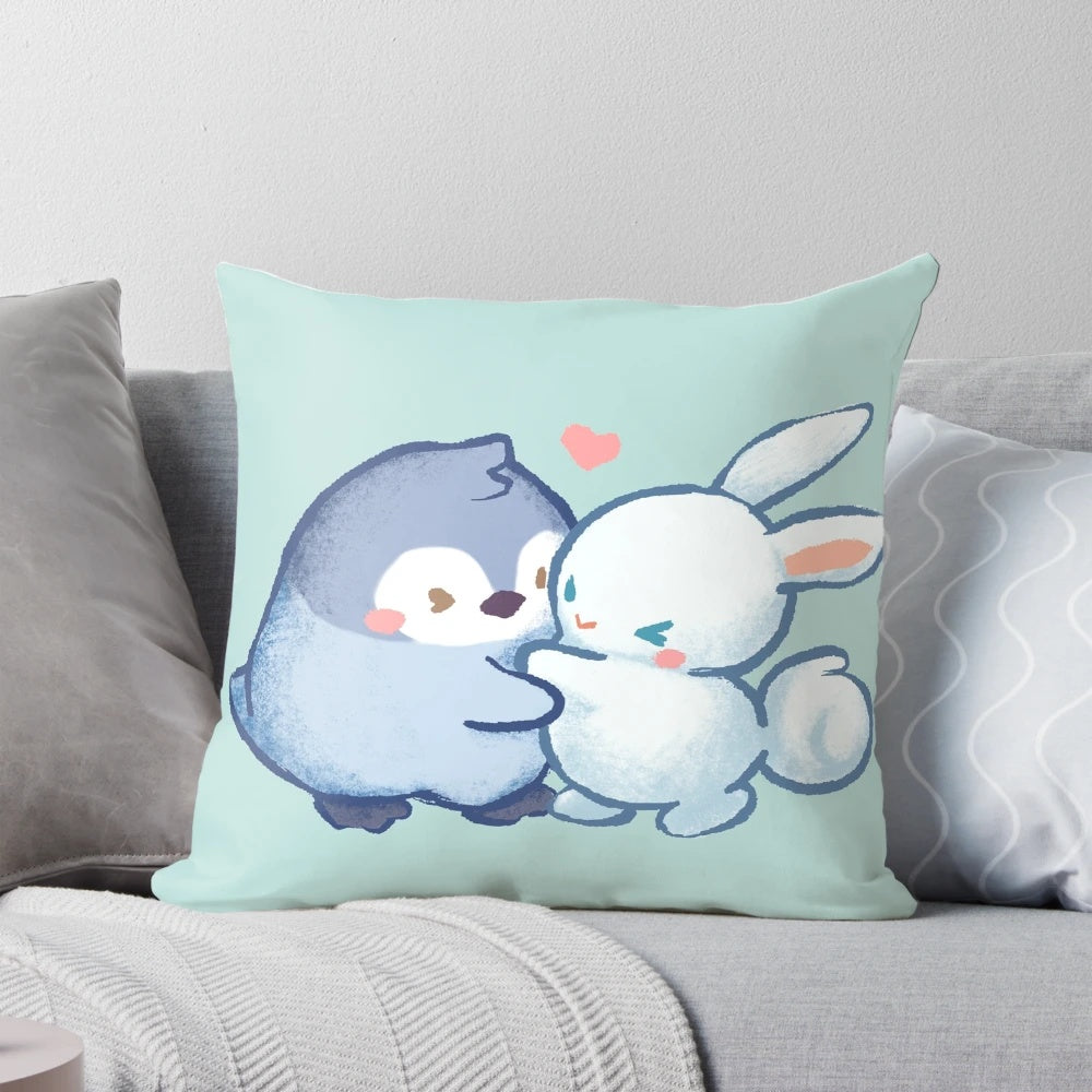 Soft, plush pillow featuring a pair of hugging animal characters in a cozy, cuddly design.