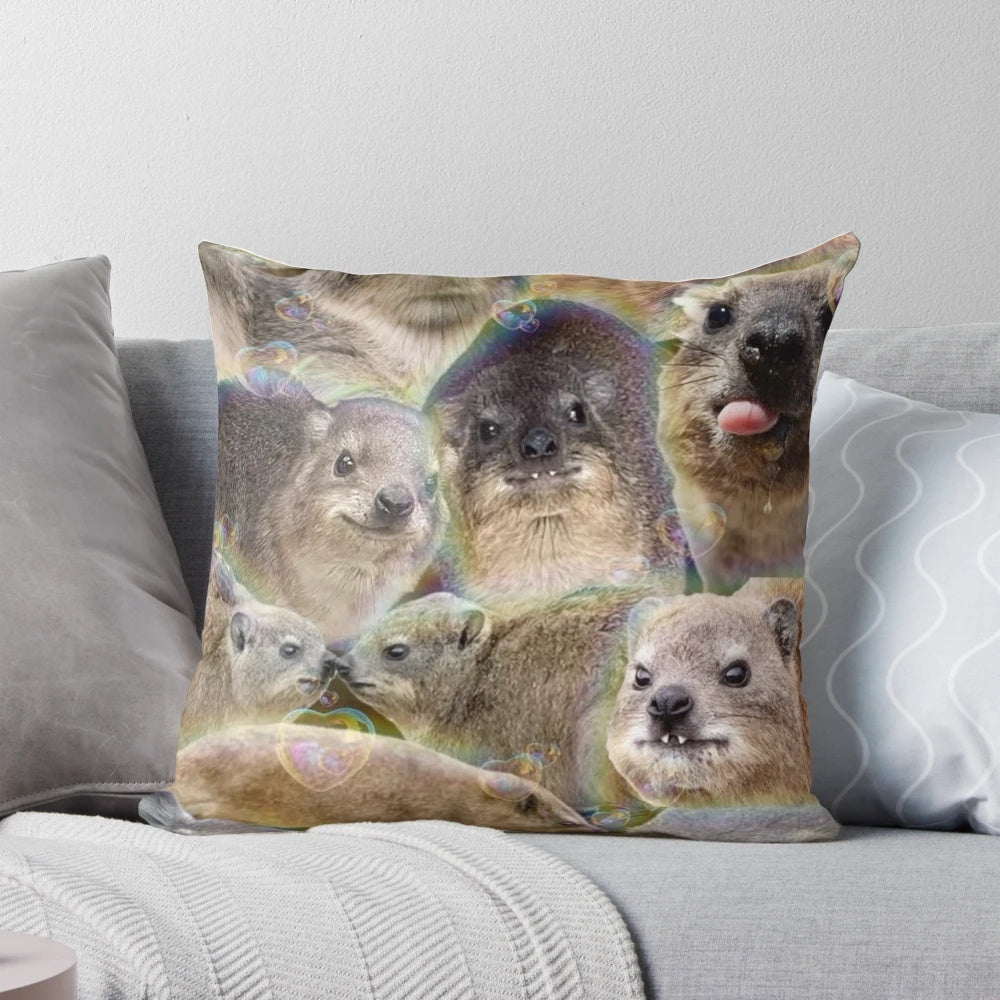 A soft, plush pillow featuring a cuddly hyrax rodent design.