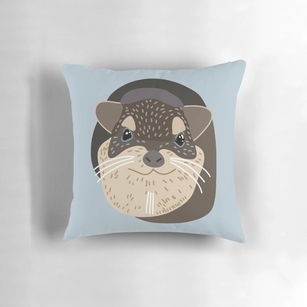 Illustration of a cute, curled-up hyrax on a tan and brown patterned pillow