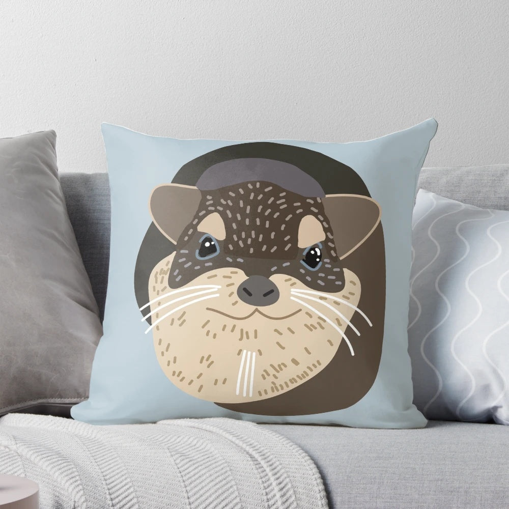 Illustration of a cute, curled-up hyrax on a tan and brown patterned pillow
