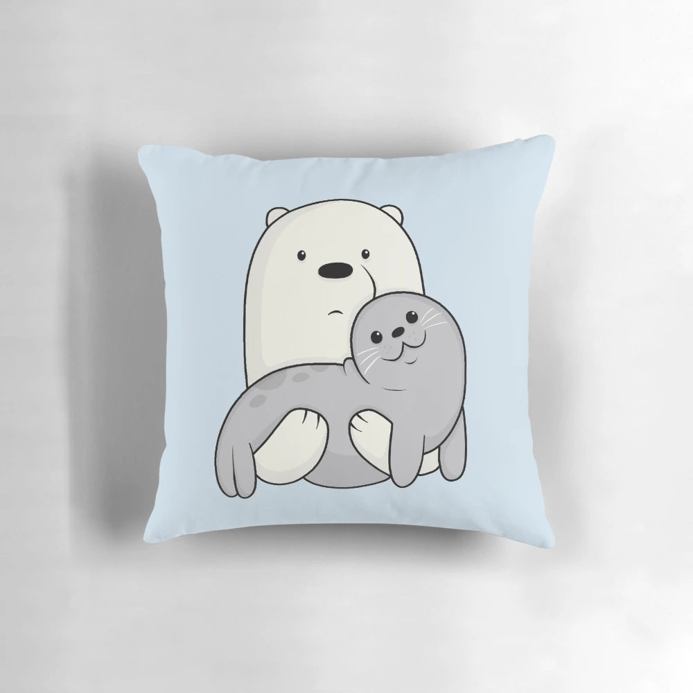Cute plush pillow featuring the character Ice Bear and a seal from the cartoon series We Bare Bears.