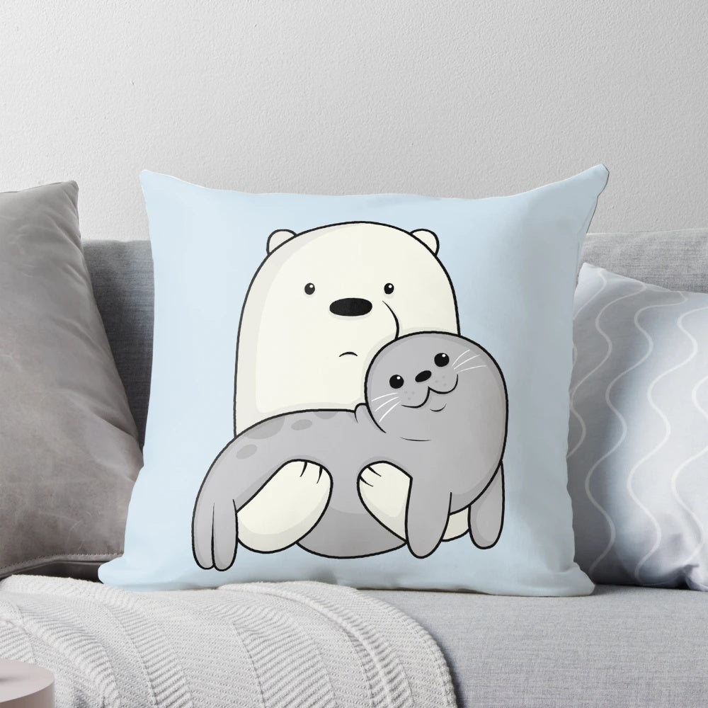 Cute plush pillow featuring the character Ice Bear and a seal from the cartoon series We Bare Bears.