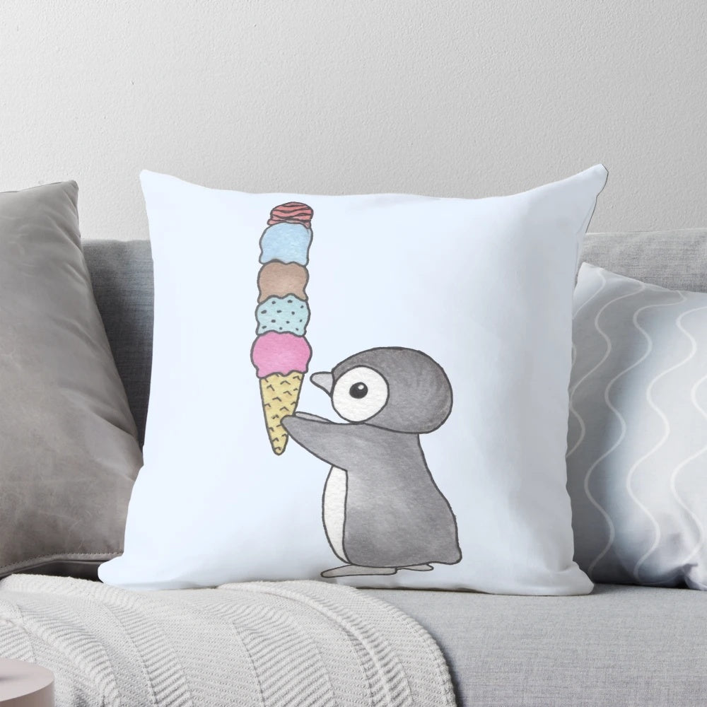 Soft, cuddly ice cream-themed penguin pillow