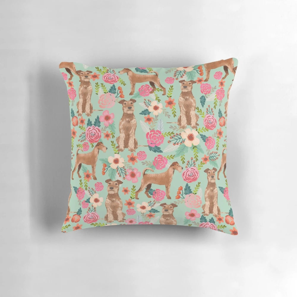 Soft, plush pillow featuring an illustration of an adorable Irish Terrier dog surrounded by vintage floral patterns.