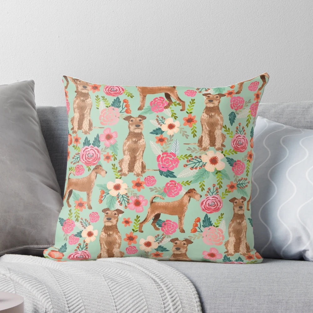 Soft, plush pillow featuring an illustration of an adorable Irish Terrier dog surrounded by vintage floral patterns.