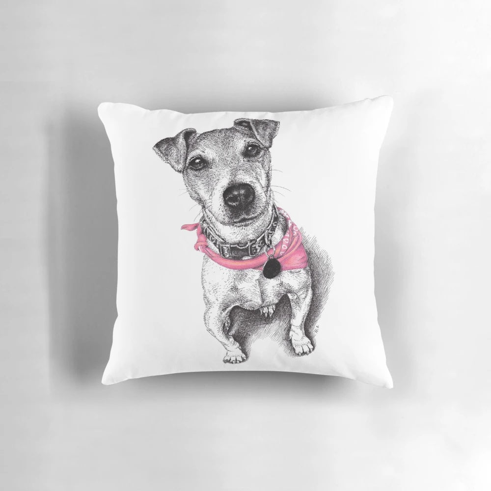 A cozy pillow featuring a Jack Russell Terrier wearing a colorful bandana.