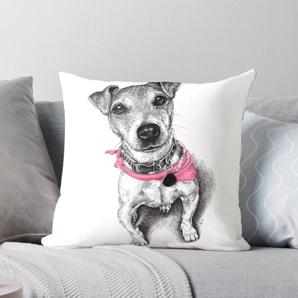 A cozy pillow featuring a Jack Russell Terrier wearing a colorful bandana.
