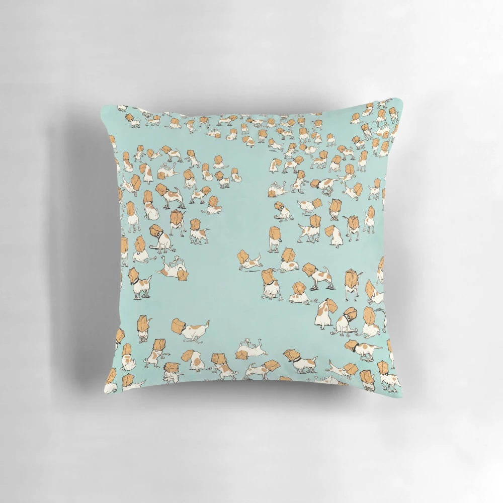 A playful and whimsical pillow featuring 20,000 jack russell terriers with bags on their heads.