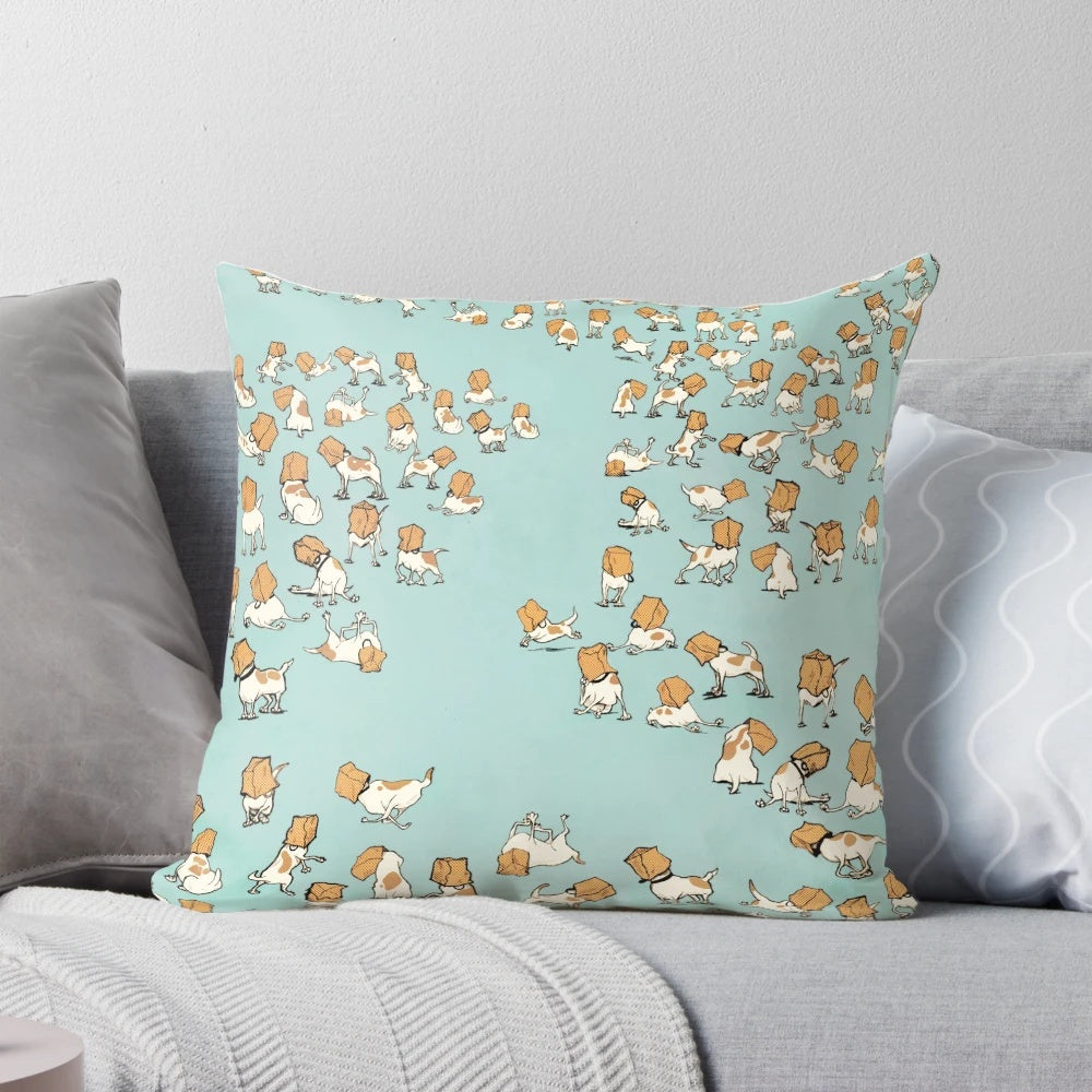 A playful and whimsical pillow featuring 20,000 jack russell terriers with bags on their heads.