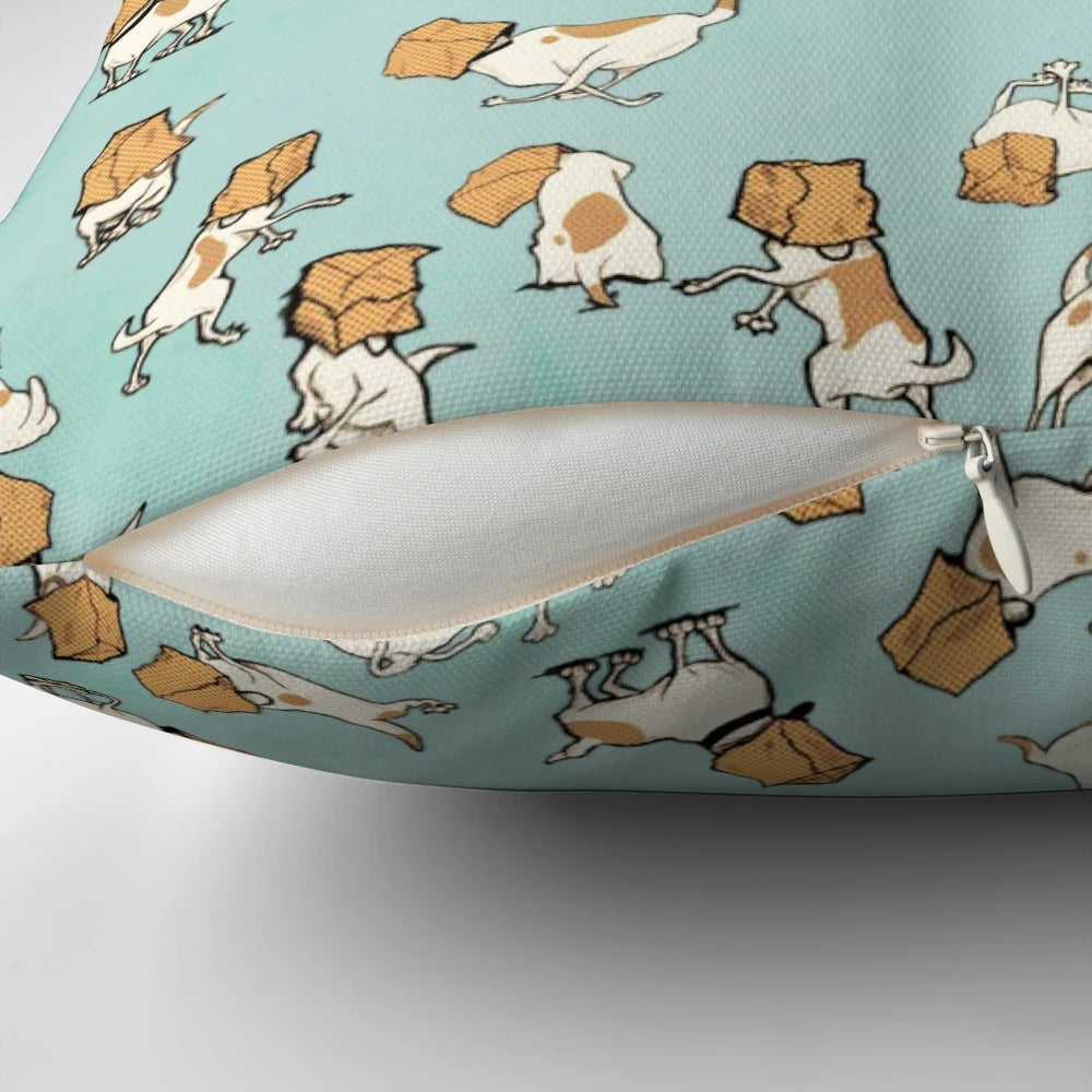 A playful and whimsical pillow featuring 20,000 jack russell terriers with bags on their heads.