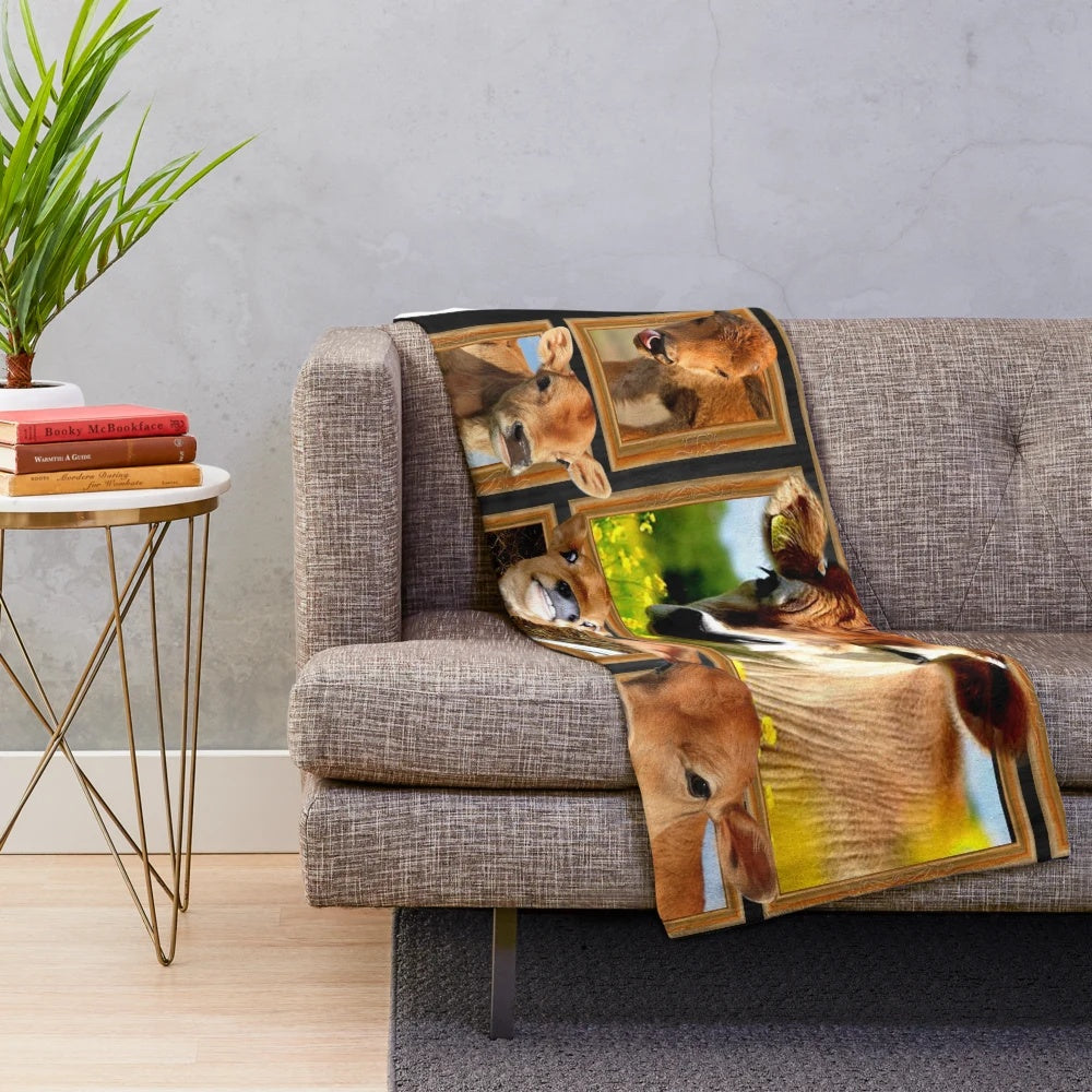 Soft and cozy plush blanket featuring a cute Jersey cow farmer design