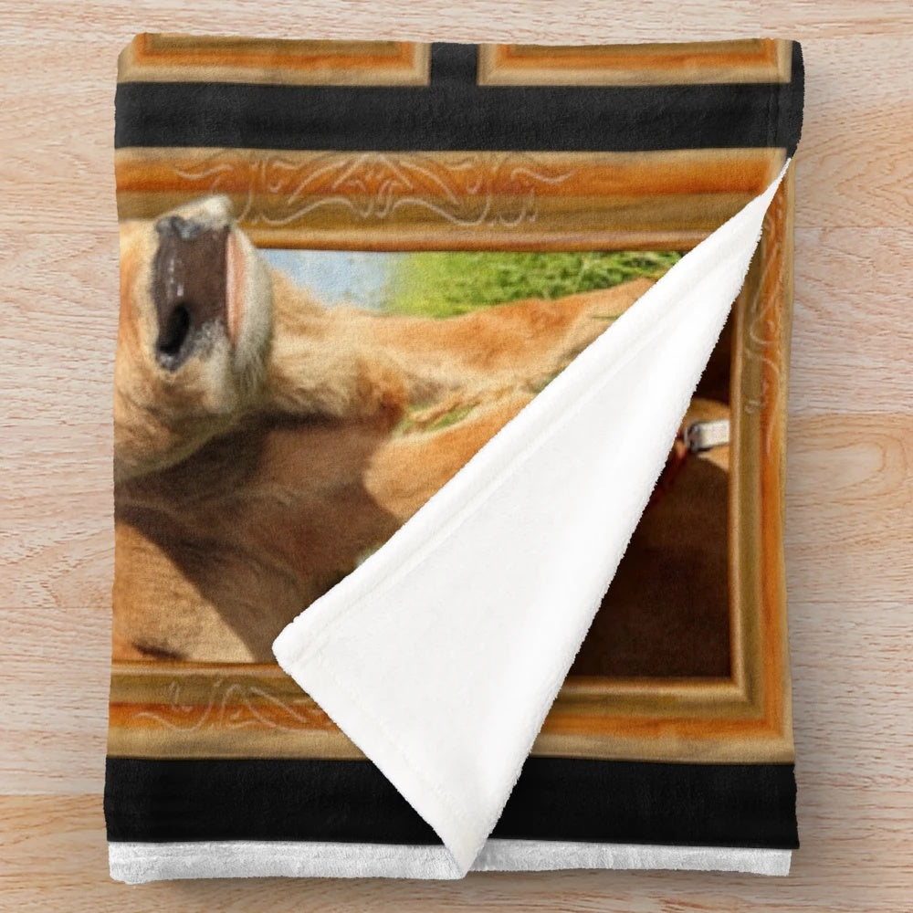Soft and cozy plush blanket featuring a cute Jersey cow farmer design