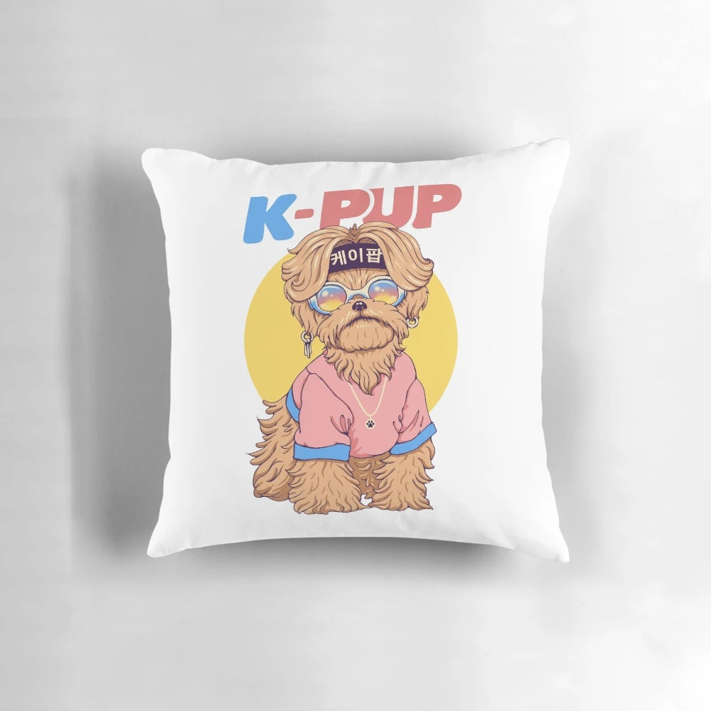 Soft, plush K-Pup pillow featuring a cute, pun-inspired Korean dog design