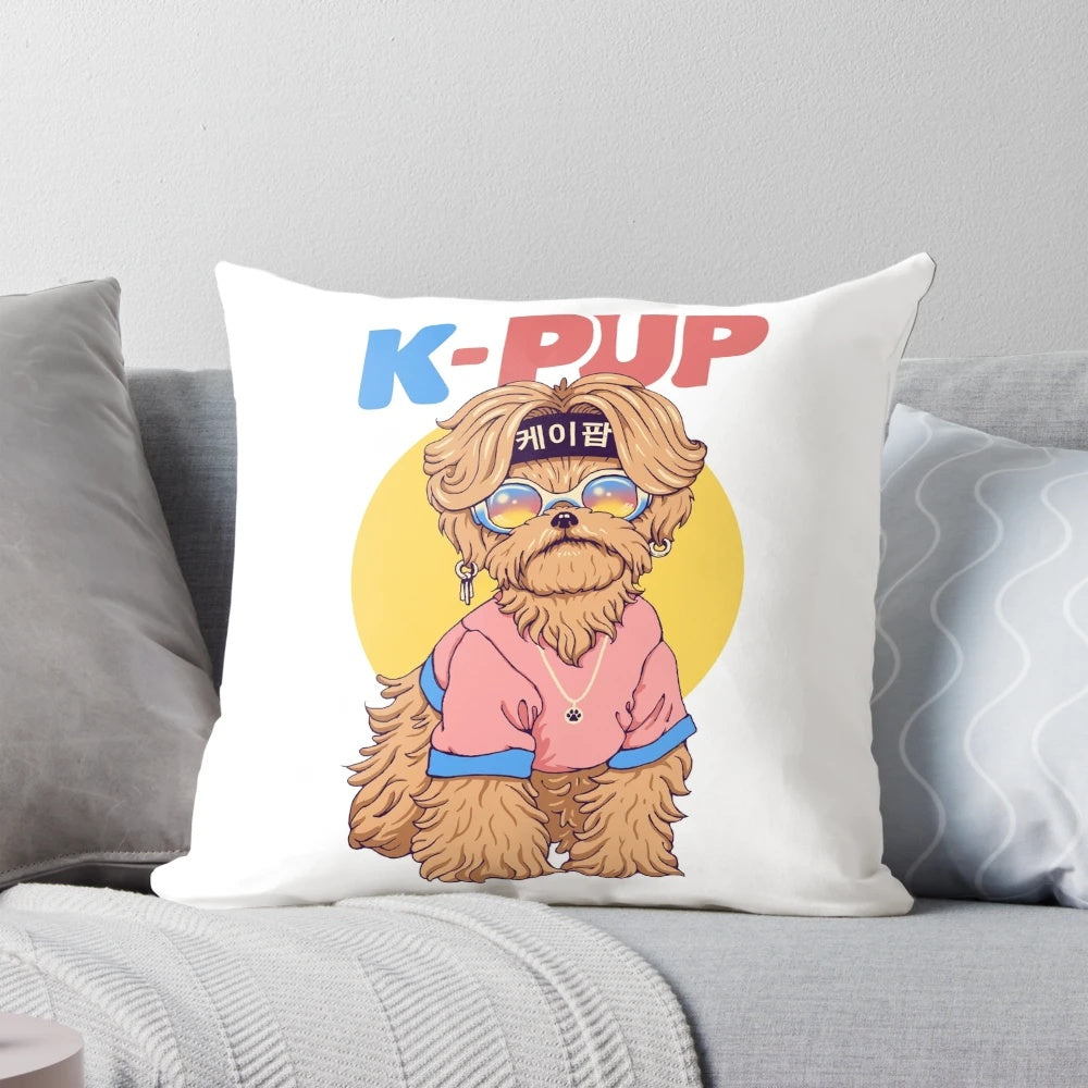 Soft, plush K-Pup pillow featuring a cute, pun-inspired Korean dog design
