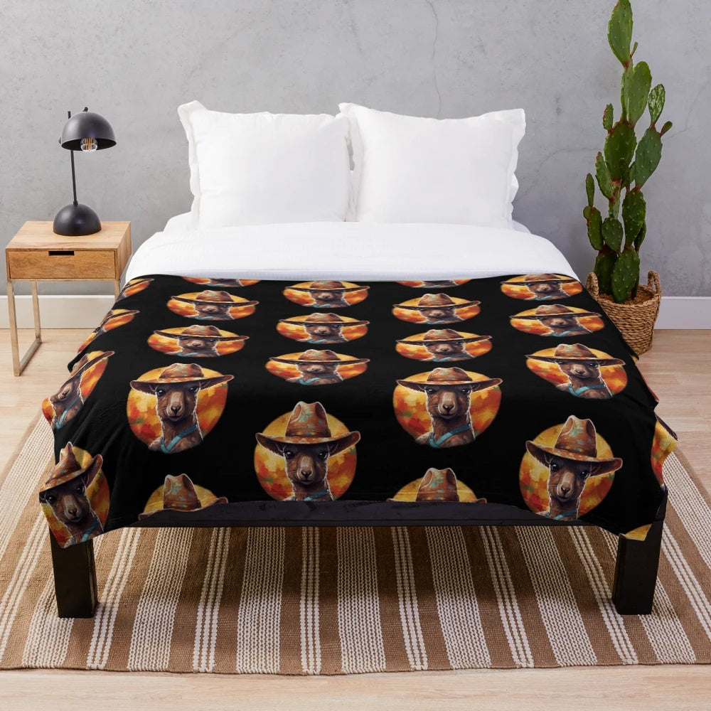 Cute and cozy plush blanket featuring a kangaroo wearing a hat