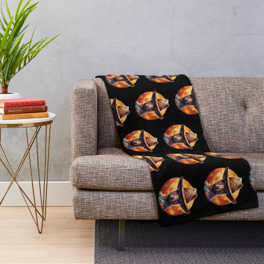 Cute and cozy plush blanket featuring a kangaroo wearing a hat