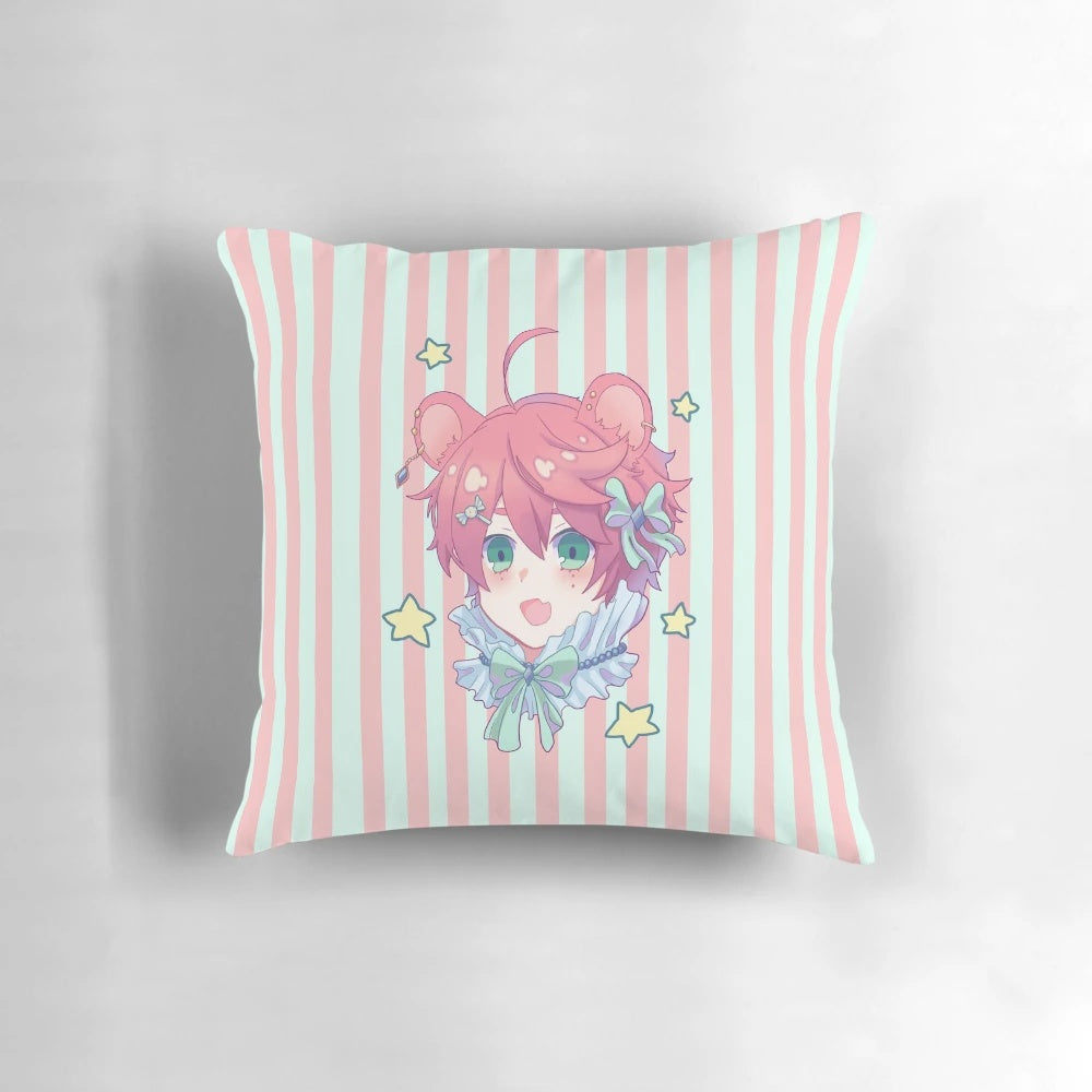 Adorable kawaii bear pillow in a carnival-inspired design with pastel colors and a cute expression.