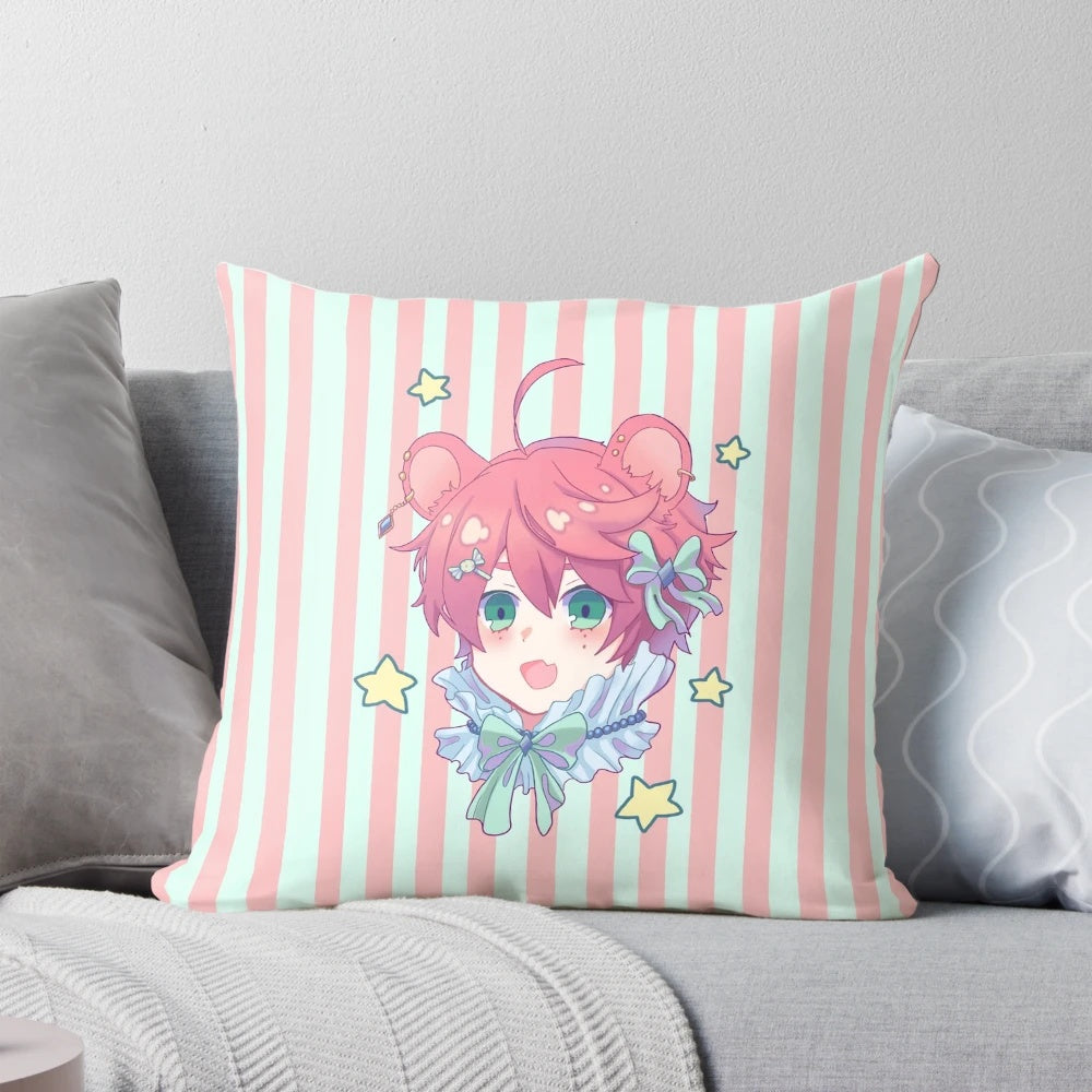 Adorable kawaii bear pillow in a carnival-inspired design with pastel colors and a cute expression.