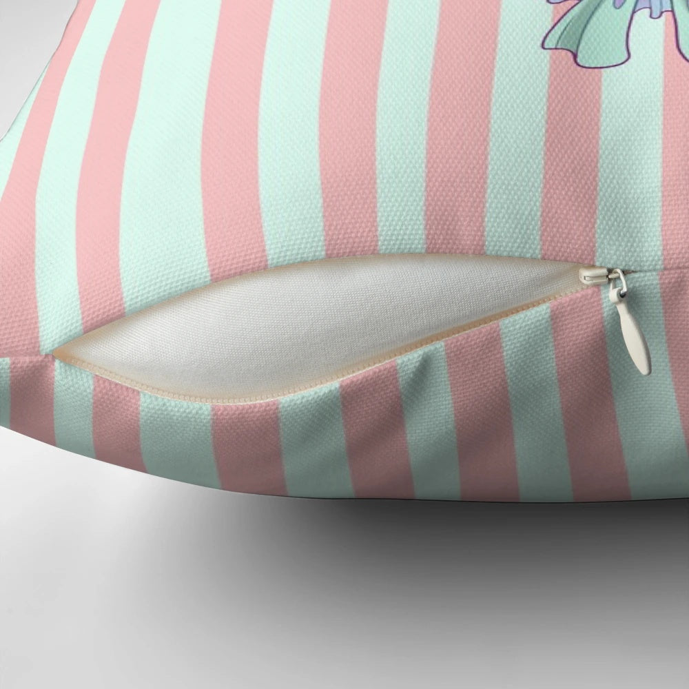 Adorable kawaii bear pillow in a carnival-inspired design with pastel colors and a cute expression.