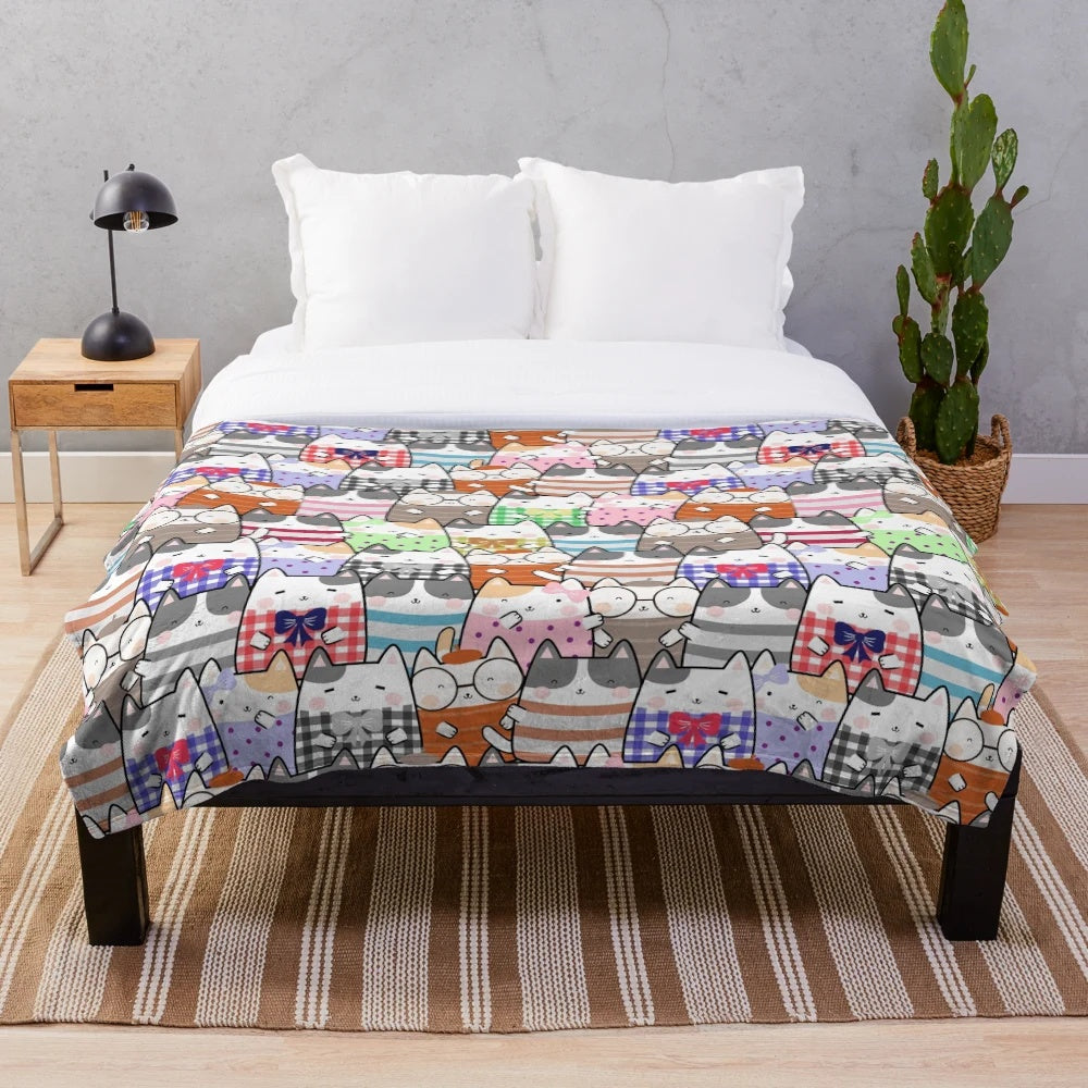 Cute kawaii cat pattern plush blanket