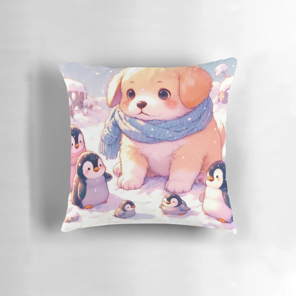 A cute and cozy pillow featuring a kawaii Labrador retriever puppy surrounded by penguin friends in a winter wonderland scene.