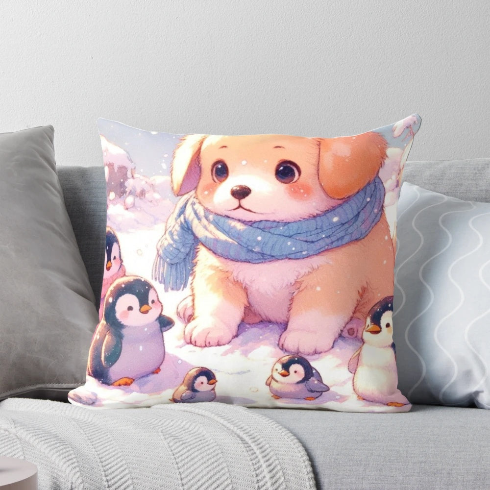 A cute and cozy pillow featuring a kawaii Labrador retriever puppy surrounded by penguin friends in a winter wonderland scene.