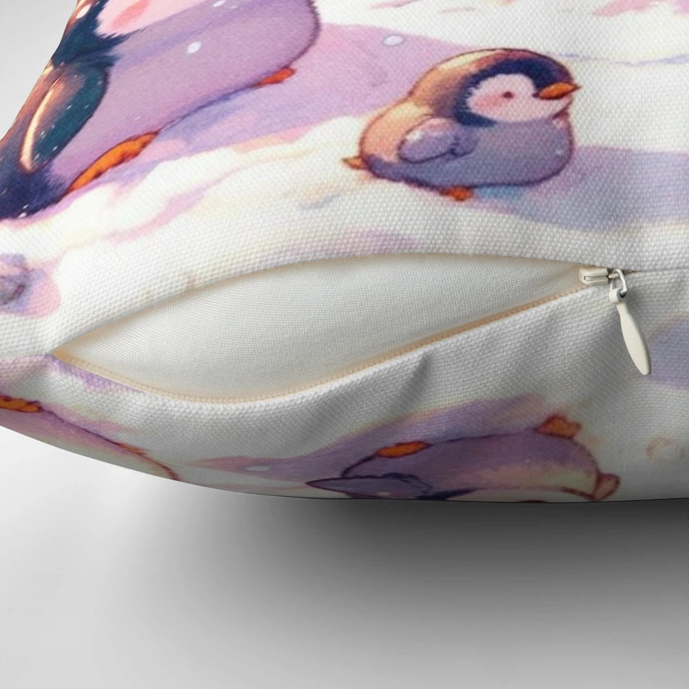 A cute and cozy pillow featuring a kawaii Labrador retriever puppy surrounded by penguin friends in a winter wonderland scene.