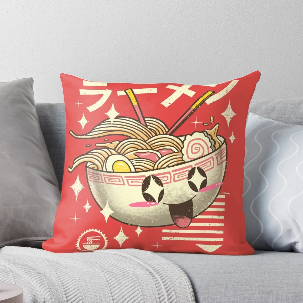 Kawaii ramen pillow, a delightfully soft and plush home decor accent featuring a whimsical ramen design.