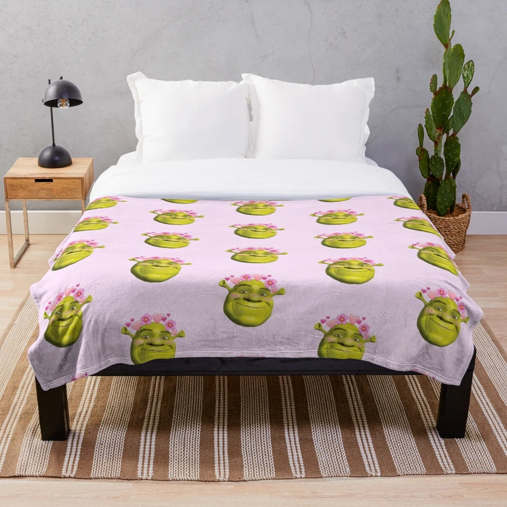 Kawaii Shrek plush blanket with a cute, blushing expression