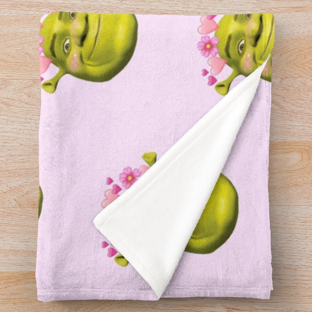 Kawaii Shrek plush blanket with a cute, blushing expression