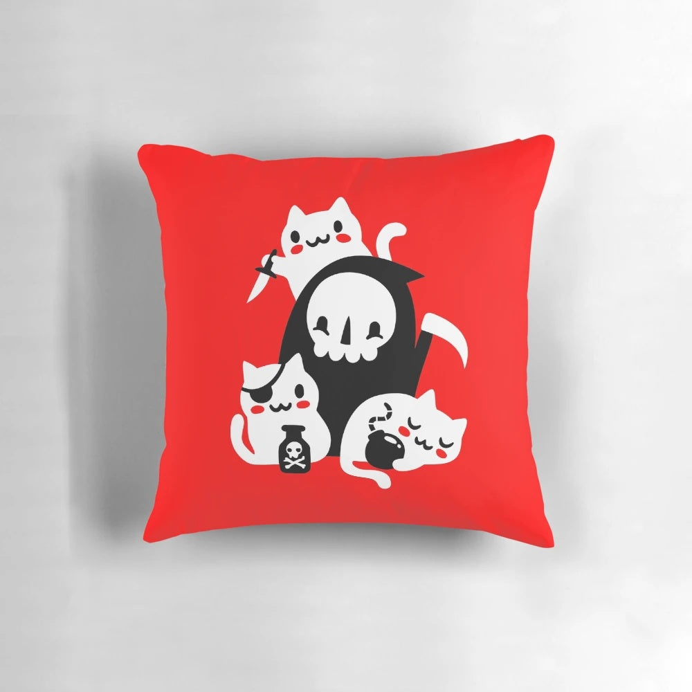 Cute kitten pillow featuring a grim reaper design, perfect for cat owners