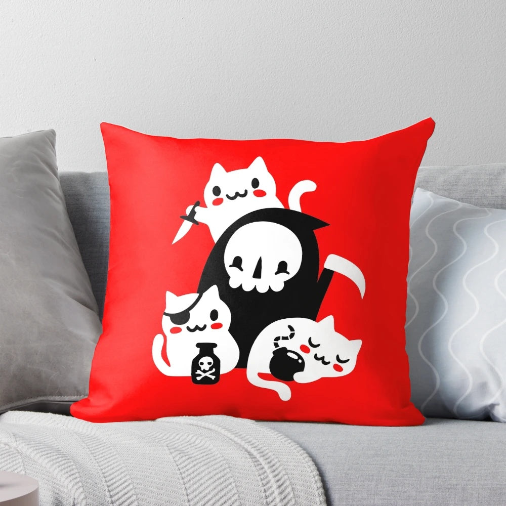 Cute kitten pillow featuring a grim reaper design, perfect for cat owners