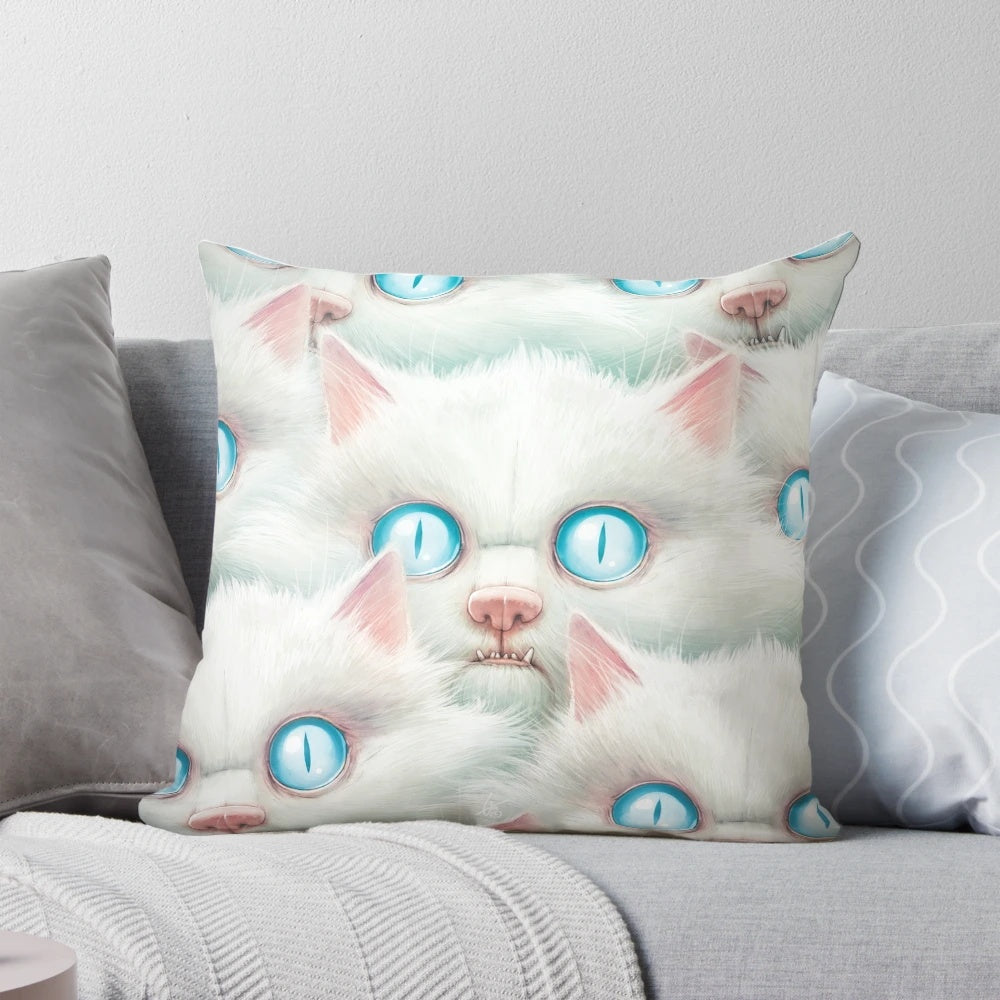 Soft and cuddly pillow featuring an image of a white kitten with big eyes
