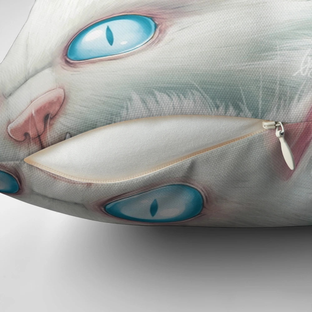 Soft and cuddly pillow featuring an image of a white kitten with big eyes