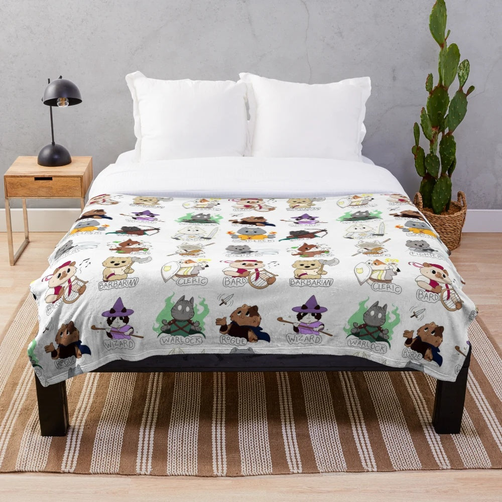 Cute and cuddly plush blanket featuring cat characters inspired by Dungeons & Dragons classes