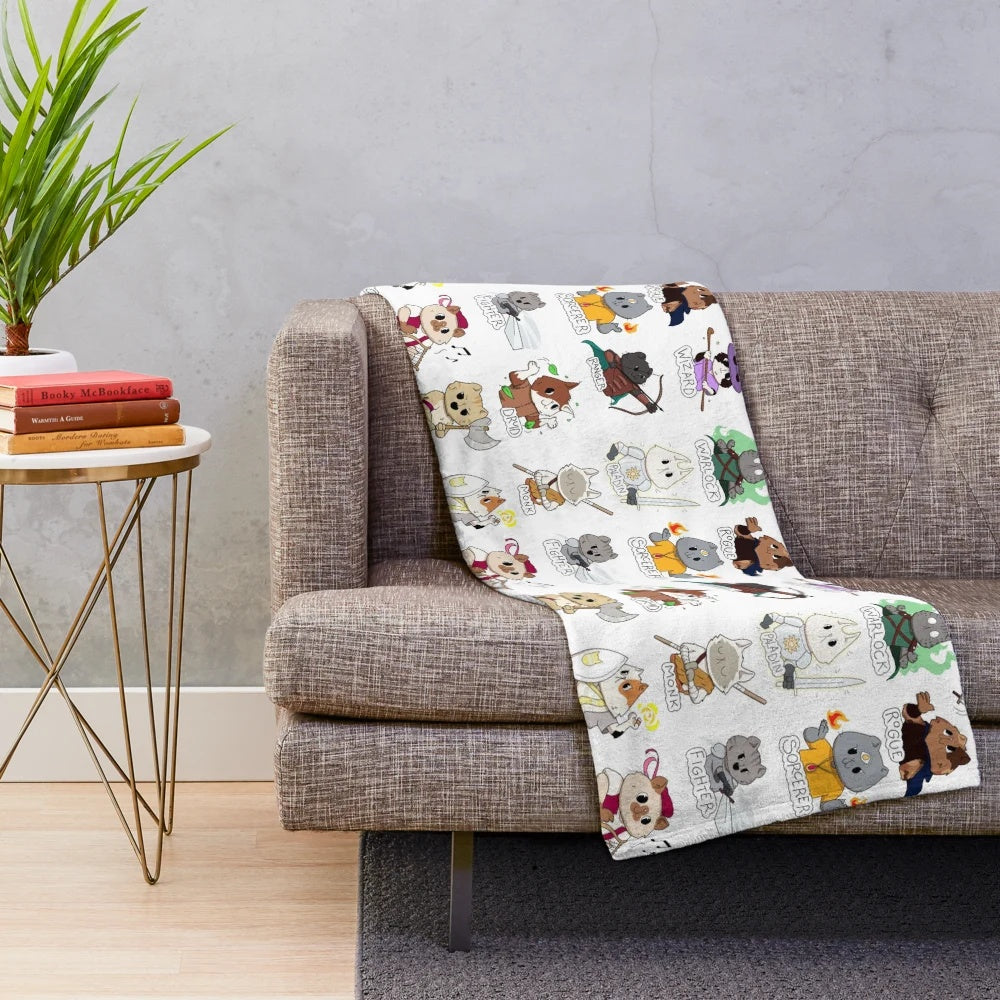 Cute and cuddly plush blanket featuring cat characters inspired by Dungeons & Dragons classes