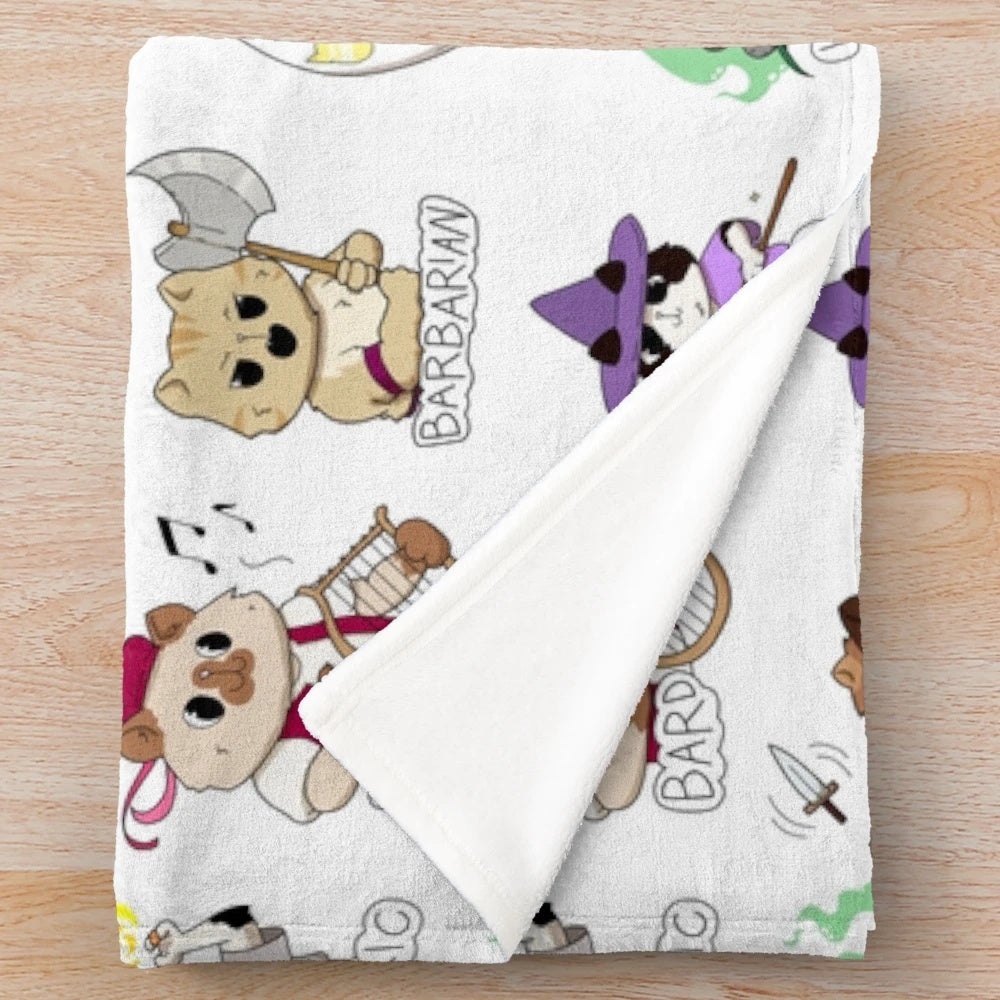 Cute and cuddly plush blanket featuring cat characters inspired by Dungeons & Dragons classes