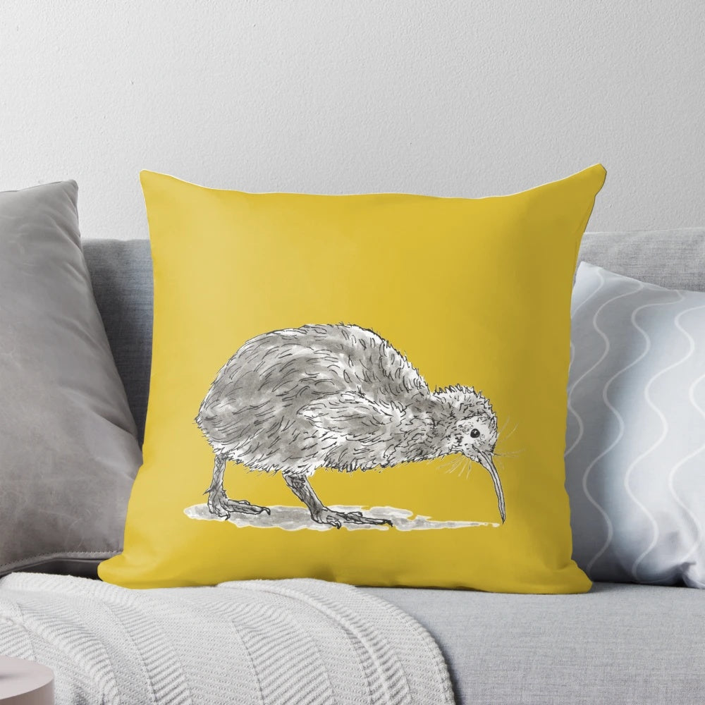 Whimsical illustration of a kiwi bird on a soft, plush pillow