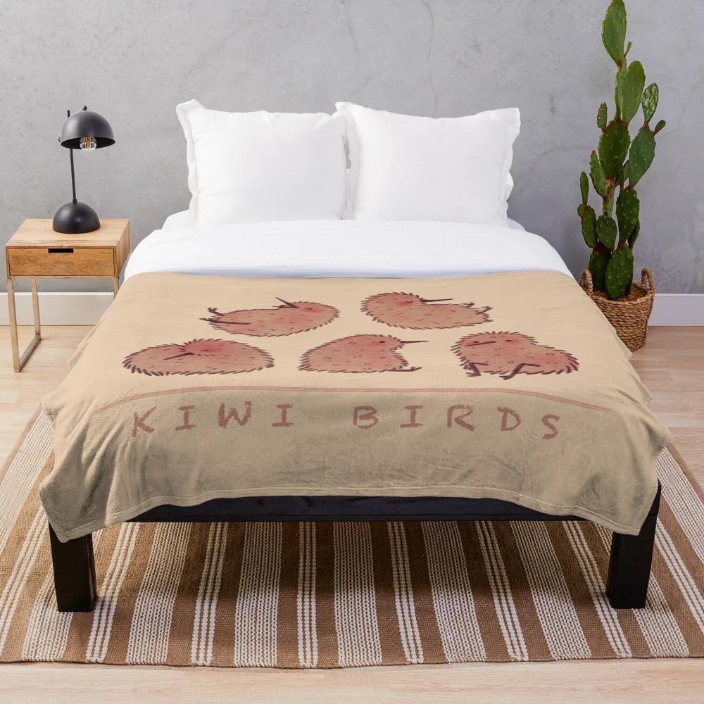 Soft and cozy plush blanket featuring cute kiwi birds, a flightless bird native to New Zealand
